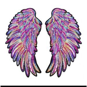 NWOT Rainbow Sequin Iron on Wings Applique Patch - 10" x 7"